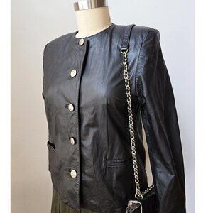 90's JFS Signature Black Leather Crew Neck Blazer Jacket in a Size Medium 10 12